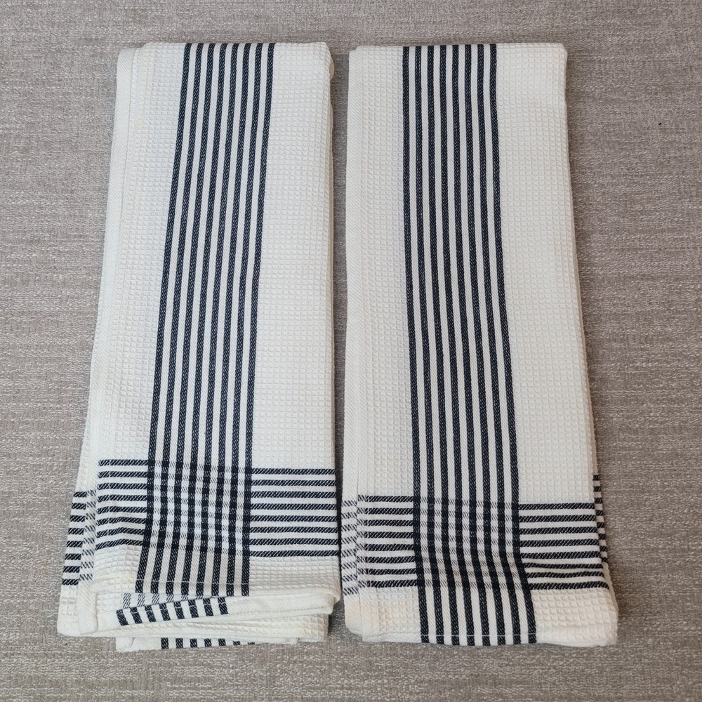 Crate & Barrel Waffle Dishtowel Black & White Stripes 100% Cotton Set of 2 - NEW